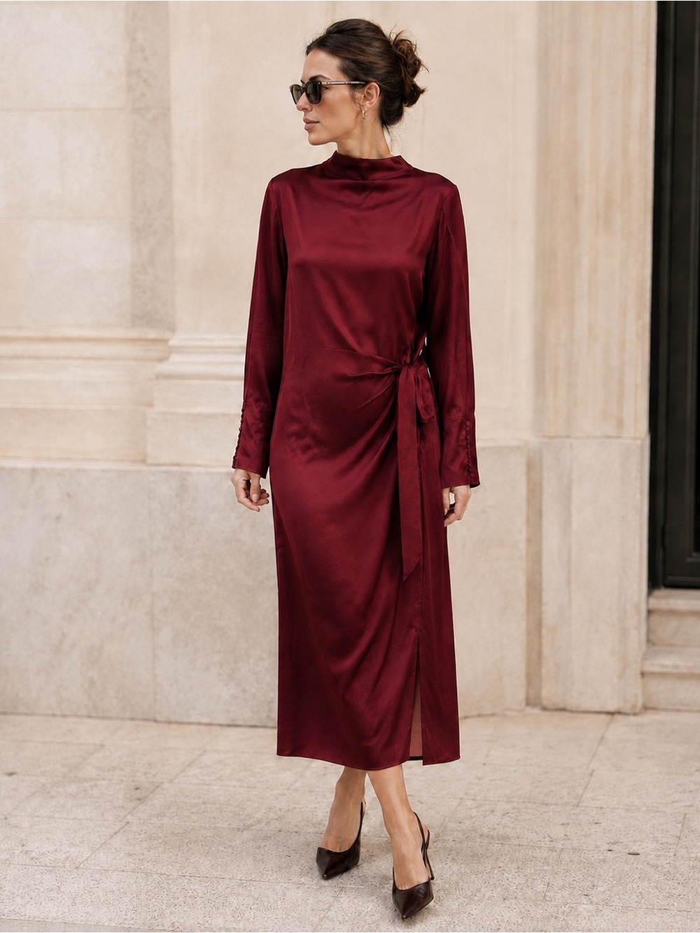 Zara Deep Burgundy Satin Tie-Waist Midi Dress Size M